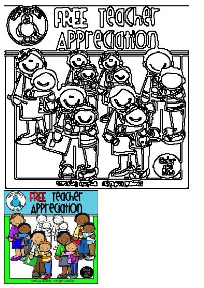 Free teacher appreciation poster with diverse children and adults holding hands. Black and white outline for coloring, plus colored version.