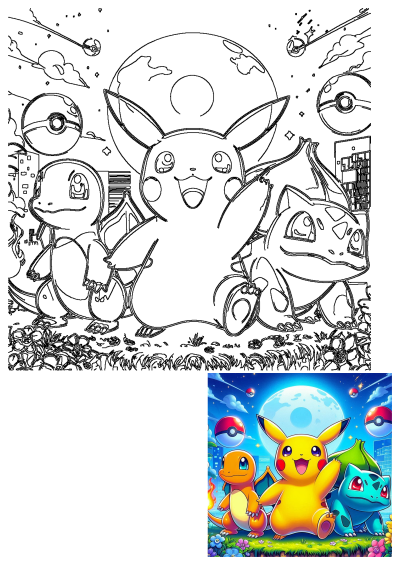 Outline of popular Pokemon characters Pikachu, Charmander, and Bulbasaur with a full moon, Poke Balls, and city background.