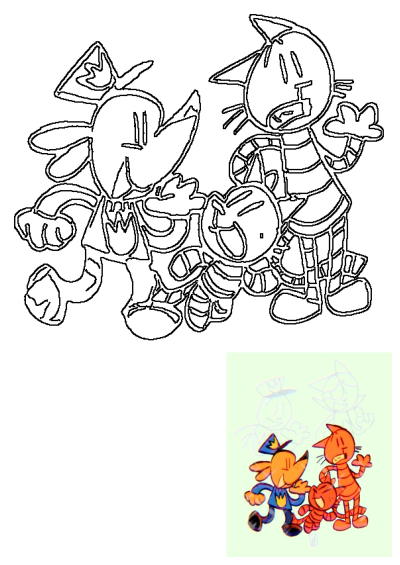 Outline drawing of Dog Man, Cat Kid, and Li'l Petey from the popular book series, captured in a dynamic and playful pose.