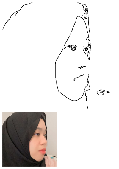 A detailed line art portrait of a woman wearing a black hijab, captured in profile against a plain white background.
