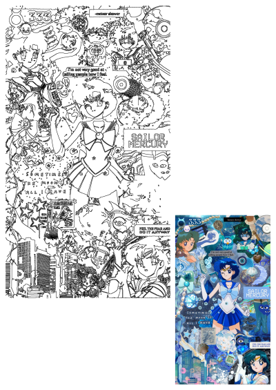 Detailed Sailor Mercury artwork perfect for buttons and magnets, showcasing a blue aesthetic collage with anime character art, cosmic elements, and motivational text.