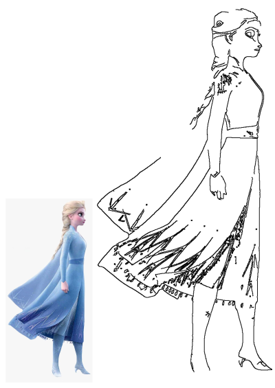 Elsa from Frozen in her blue dress, side view. Features both a full-color illustration and a clean line art drawing.