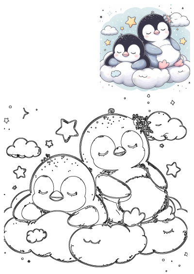 A delightful illustration featuring two cute cartoon penguins sleeping peacefully on soft clouds with stars, alongside a black and white outline version.