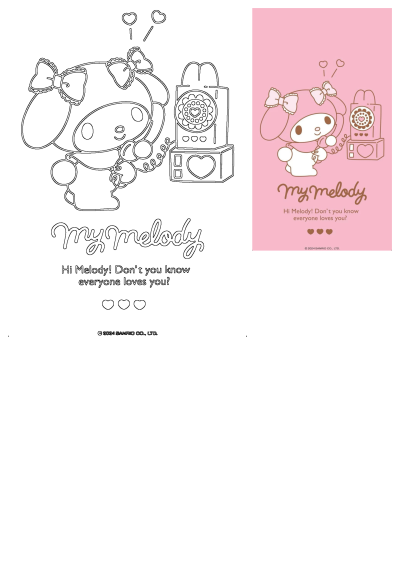 My Melody on a pink card holding a phone next to a rotary phone, with a sweet 'Everyone loves you' message and hearts. Includes an outline version.