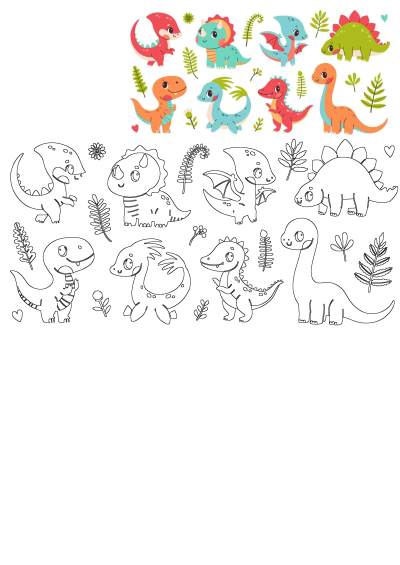 Cute cartoon dinosaurs, various shapes and sizes. Includes colorful T-Rex, Triceratops, Stegosaurus, plus black outlines with plants.