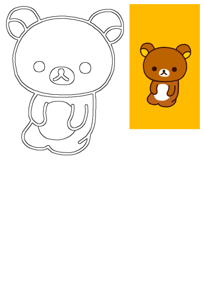 Rilakkuma brown and white bear with yellow ears on a yellow background, alongside a Rilakkuma outline sketch.