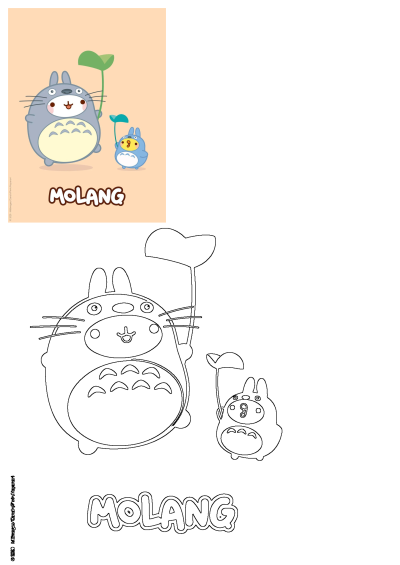 Cute Molang-inspired Totoro characters, a large gray and small blue, holding green leaf umbrellas on a warm peach background.