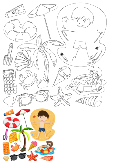 Summer beach holiday clipart for kids, showcasing essential elements like umbrella, sunscreen, lifebuoy, crab, ice cream, and sunglasses.