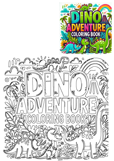 A colorful 'Dino Adventure' book cover and outline drawing featuring cute dinosaurs, a rainbow, volcano, and jungle plants.