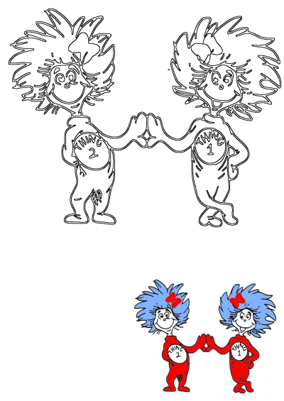 Thing 1 and Thing 2 from Dr. Seuss, in matching red outfits with blue hair, holding hands. Includes outline and colored versions.
