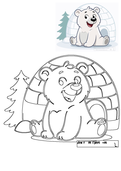 A happy cartoon polar bear sits cheerfully in front of a white igloo with a green pine tree nearby. Ideal for winter themes.