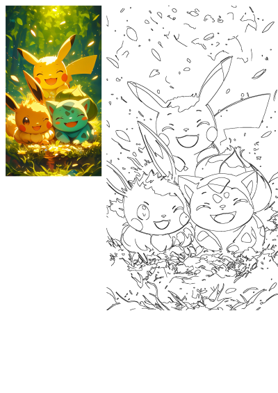 Vibrant illustration featuring smiling Pikachu, Eevee, and Bulbasaur Pokemon with close faces in lush green grass.