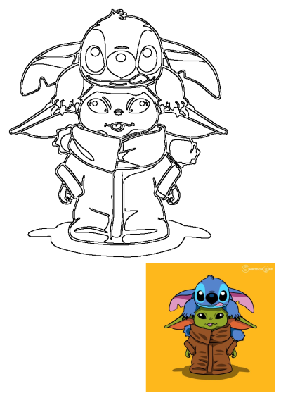 Outline drawing featuring popular cartoon characters Baby Yoda wearing his robe with Stitch playfully perched on his head.
