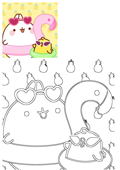 Cute cartoon animals, Molang in pink heart sunglasses on a flamingo pool float with Piu Piu, against a pineapple background. Includes outline.