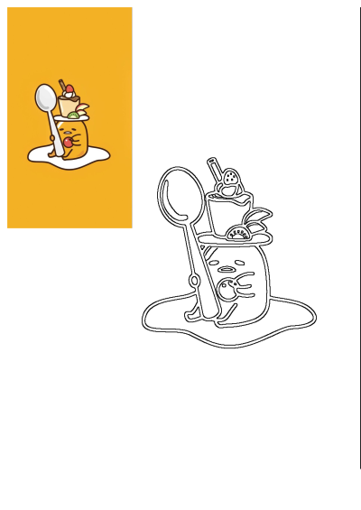 Charming cartoon of Gudetama, the lazy egg, on egg white, holding a spoon next to a delicious dessert with fruit slices on a yellow background.