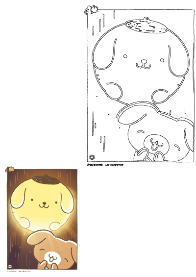 Cute Pom Pompurin Dog Drawing showcasing Pompompurin and Muffin under the rain, with Pompompurin glowing.
