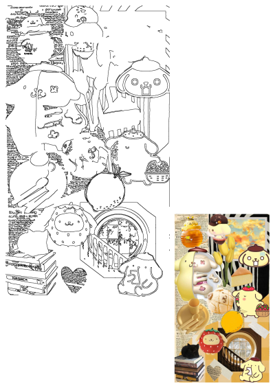 Cute Pompompurin collage with Cinnamoroll, animals, yellow flowers, sweet foods like cake and melon bread, books, and a unique textured background.