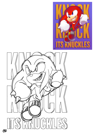 Cartoon Knuckles Sonic Character, a red echidna, in a striking action pose with the phrase 'KNOCK KNOCK ITS KNUCKLES' against a grid background.
