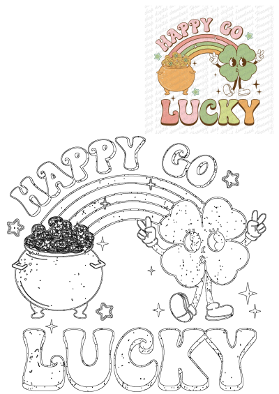 Retro 'Happy Go Lucky' St. Patrick's Day SVG design featuring a groovy shamrock, rainbow, and pot of gold. Festive graphics.