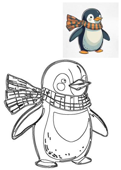 A cute winter-themed penguin illustration wearing an orange and blue striped scarf, with its black-and-white outline version.