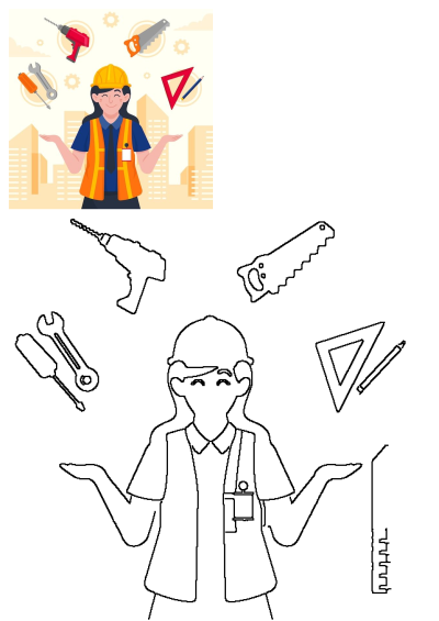Woman construction worker illustration, smiling in a hard hat and safety vest, surrounded by tools like drill, saw, and city buildings.