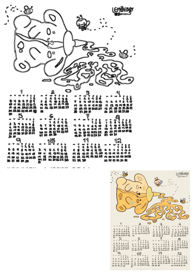 Stylized Winnie the Pooh character shaped like a honeycomb pouring honey, surrounded by bees, integrated with a 12-month calendar.