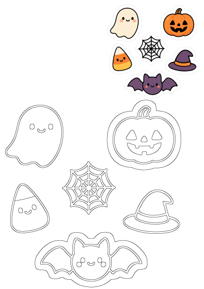 Cute Halloween stickers set: ghost, pumpkin, bat, spiderweb, witch hat, candy corn, plus outlines for crafts and decorations.