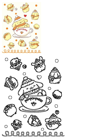 Cute Pompompurin in a cup wearing a winter hat and scarf, surrounded by smaller Pompompurins, in a kawaii Sanrio drawing.