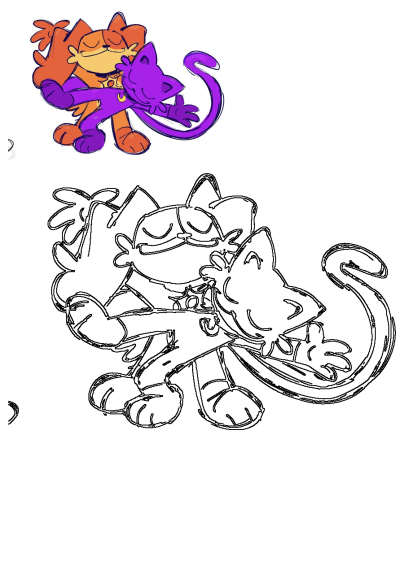 Cartoon drawing of an orange cat and a purple cat affectionately hugging, with eyes closed in contentment. Perfect for cat lovers.