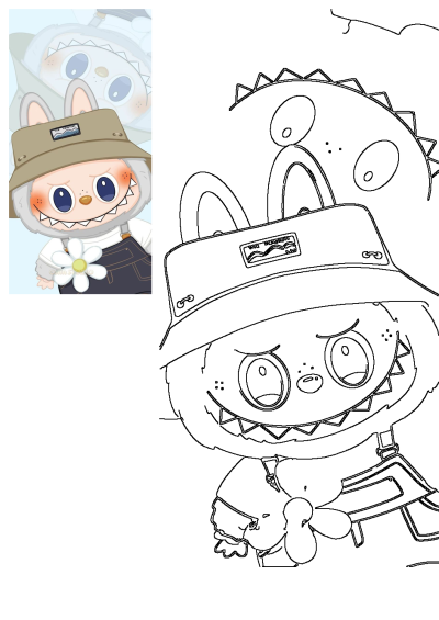 Cute fluffy monster with bunny ears, bucket hat, overalls, and flower. Shown as a vibrant illustration and accompanying outline art.