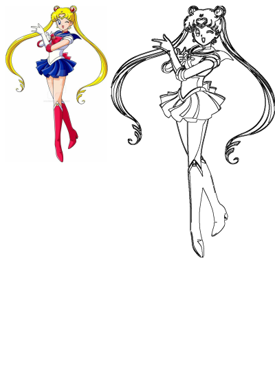 Sailor Moon anime character with iconic blonde hair, blue eyes, and red-blue uniform, posing with a wink, shown in both full color and as a line drawing.
