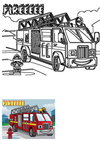 A friendly cartoon firetruck, bright red with a siren and smiling face, drives down the street next to a red fire hydrant.
