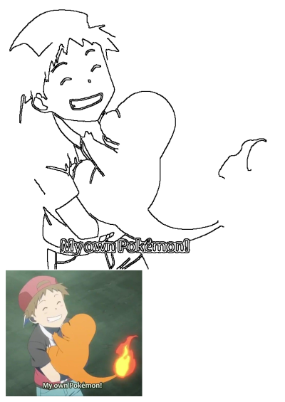 Outline of a joyous anime boy hugging his Charmander stuffed animal, embodying the 'My own Pokemon' theme.