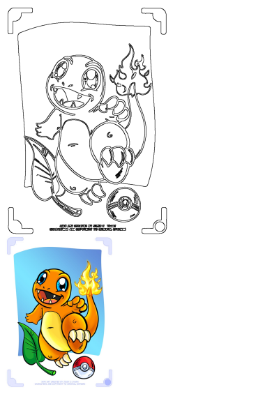 A delightful Cartoon Charmander with vibrant tail fire and a classic Poke Ball, presented as both a crisp outline drawing and a full-color illustration.