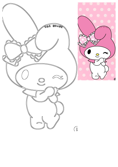 A cute My Melody cartoon character winking, wearing a pink hood with a polka dot bow, against a pink polka dot background.