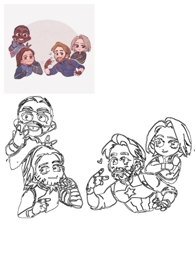 Funny chibi fan art of Marvel's Avengers quartet: Captain America, Bucky Barnes, Falcon, and a female hero in cute poses.
