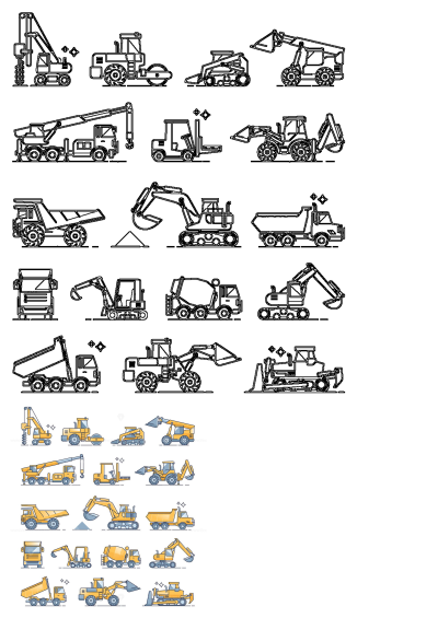 Collection of construction vehicle illustrations, including excavators, dump trucks, bulldozers, cranes, and loaders, in outline and flat design styles.