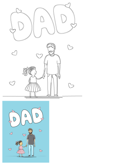 A heartfelt Father's Day greeting card design featuring a loving dad holding his daughter's hand, surrounded by hearts.