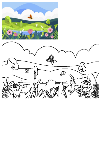 A vibrant cartoon landscape illustration featuring rolling green hills, a serene river, colorful flowers, trees, and butterflies flying under a blue sky.