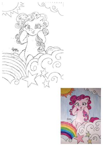 Pinkie Pie fan art showcasing both original line art and a vibrant colored drawing with rainbow, clouds, sun, and stars.