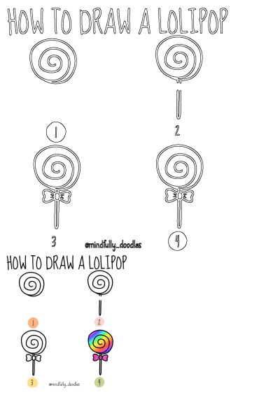 An easy drawing guide for how to draw a lollipop step by step, featuring 4 outlined stages and a vibrant rainbow-colored final design.