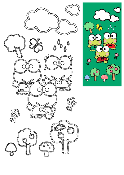 Vibrant Cartoon Characters Frogs Trees And Mushrooms Digital Art features outlines and colored illustrations for creative projects.