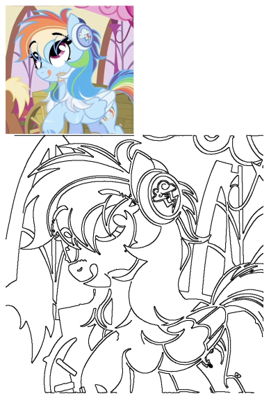 Rainbow Dash, the blue pegasus from My Little Pony, shown wondering with headphones, accompanied by a black and white outline for fans.