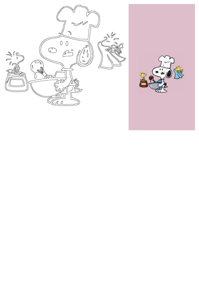 Snoopy as a chef, wearing a hat and apron, cooks by mixing in a bowl while Woodstock, wearing a blue cape, watches.