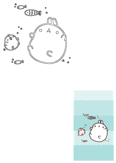 Outline drawing of a cute cartoon rabbit and a small companion swimming happily with fish and bubbles in the water. Adorable.