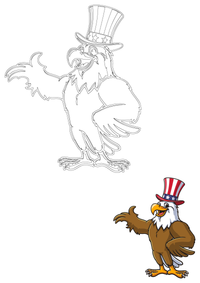 A patriotic cartoon bald eagle mascot wearing an American flag top hat, smiling and gesturing. Includes both line art and colored versions.