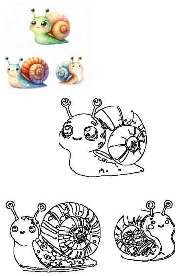 Adorable watercolor snails in various colors, plus outline versions, perfect for children's designs and creative projects.