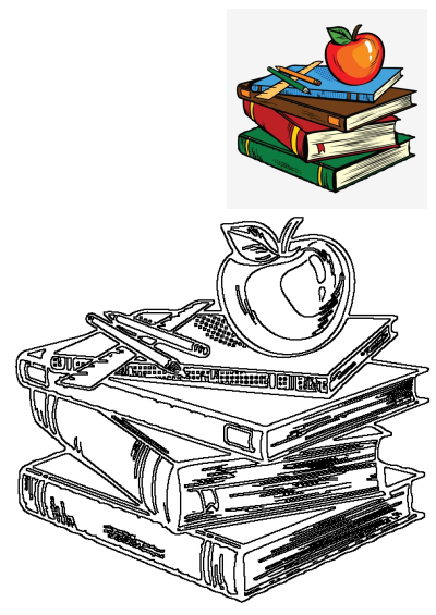 Colorful stack of books with a red apple, pencils, and ruler, symbolizing learning and education. Includes a black & white outline.