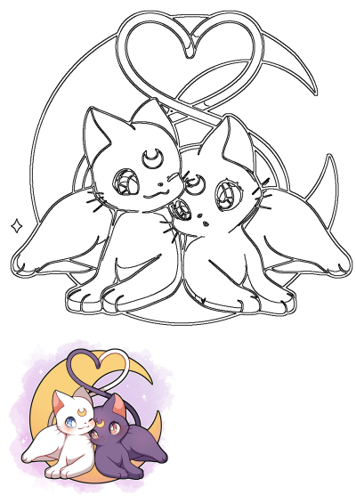 Anime style outline artwork of two cute cats with crescent moon markings sitting on a crescent moon, framed by a heart.