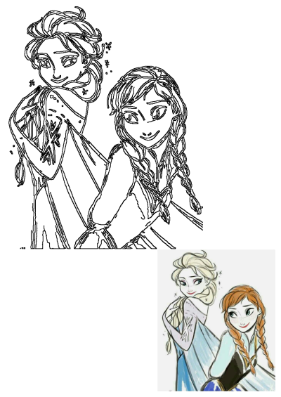 Playful Disney Frozen sketch of Princess Elsa and Anna in black and white outline, with their signature hairstyles.